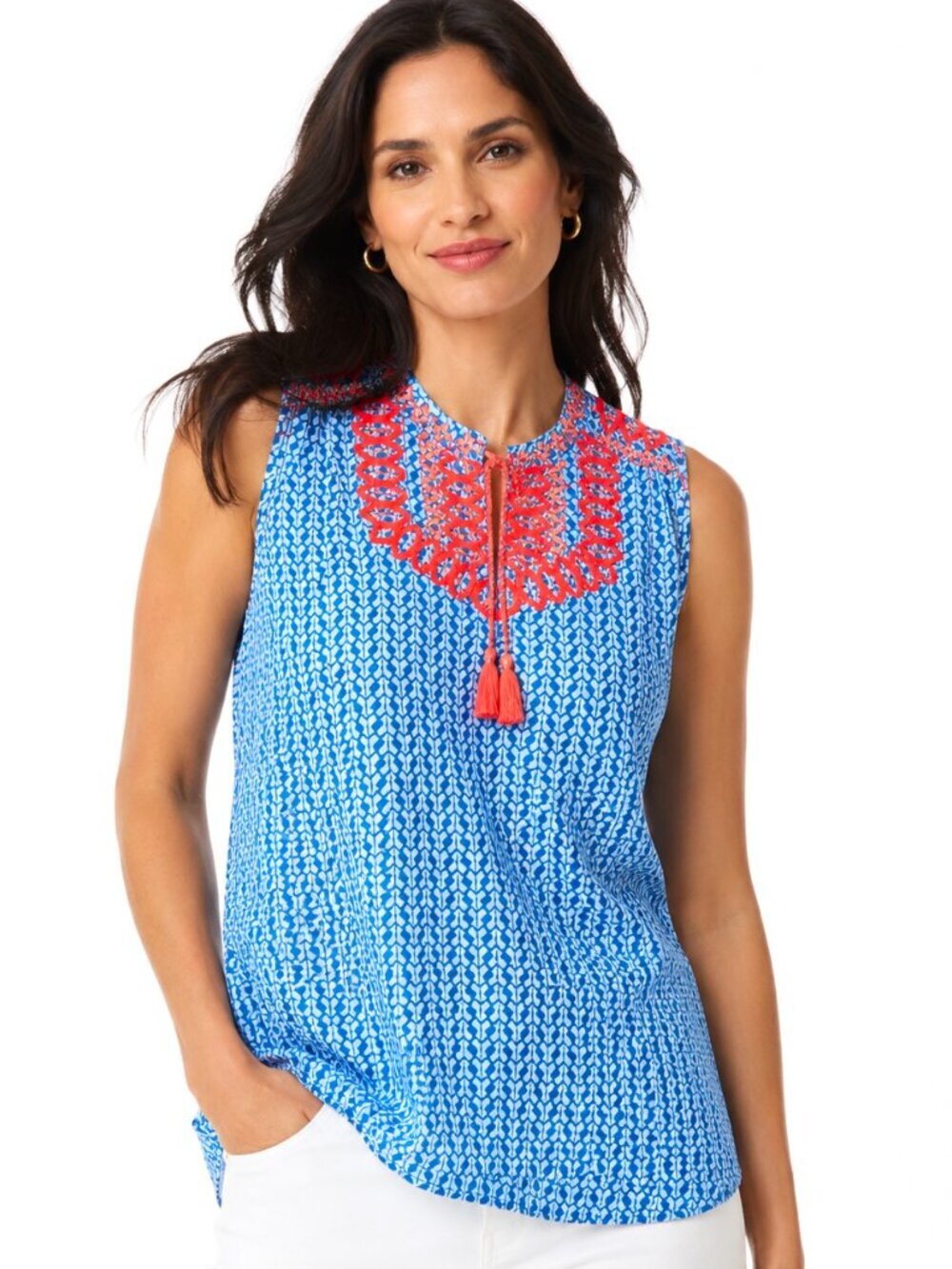 J. Crew Blue Embroidered Cotton Silk Sleeveless Top